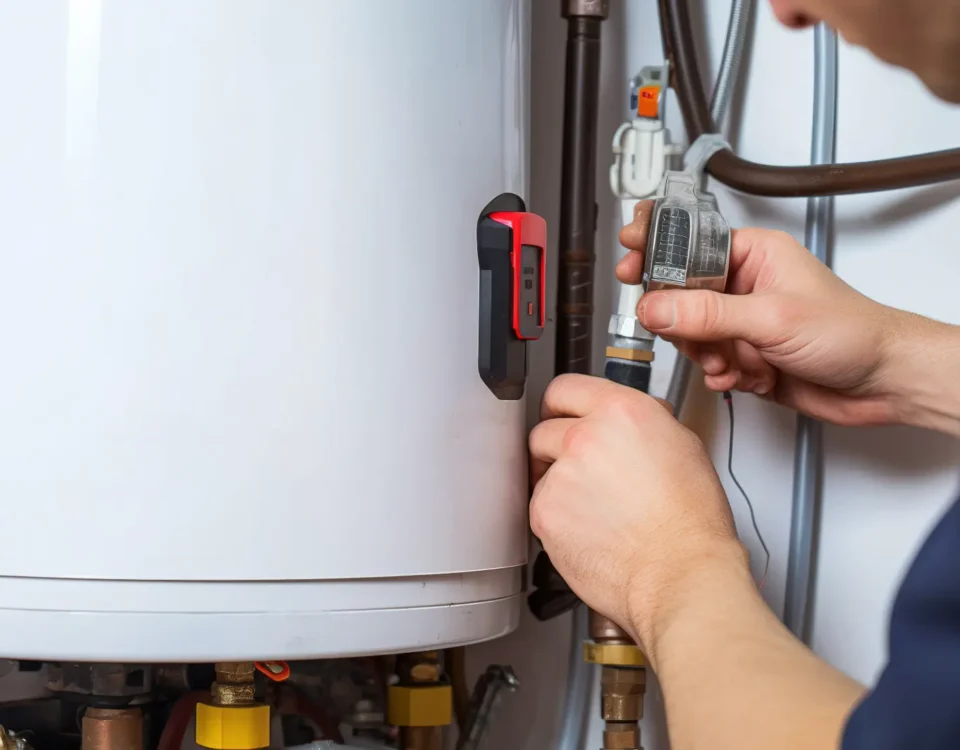 Home inspector checking a water heater for leaks and corrosion