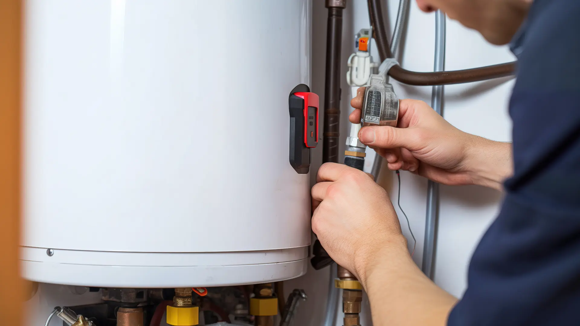 Home inspector checking a water heater for leaks and corrosion