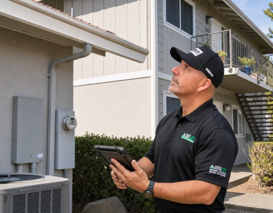 Inspector evaluating a multifamily replacement property for an investor
