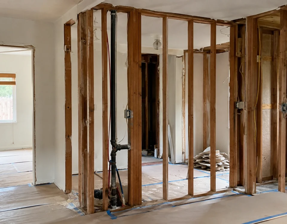 Home interior mid-renovation with drywall removed, exposed wood stud framing, plumbing pipe, and electrical wiring