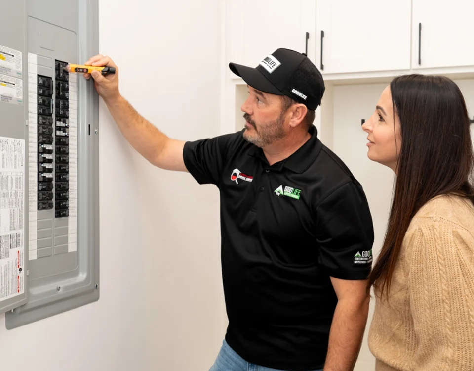 Home inspector checking an electrical panel during a pre-purchase inspection