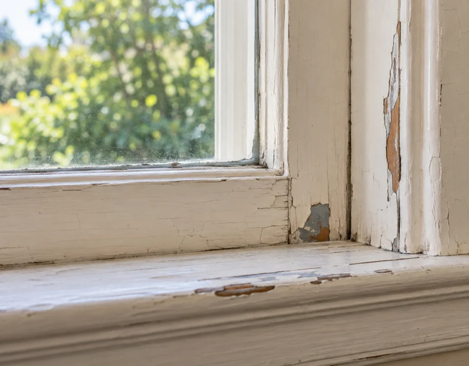 Cracked and chipped off-white paint on wooden window trim and a sill, with greenery visible through the glass.