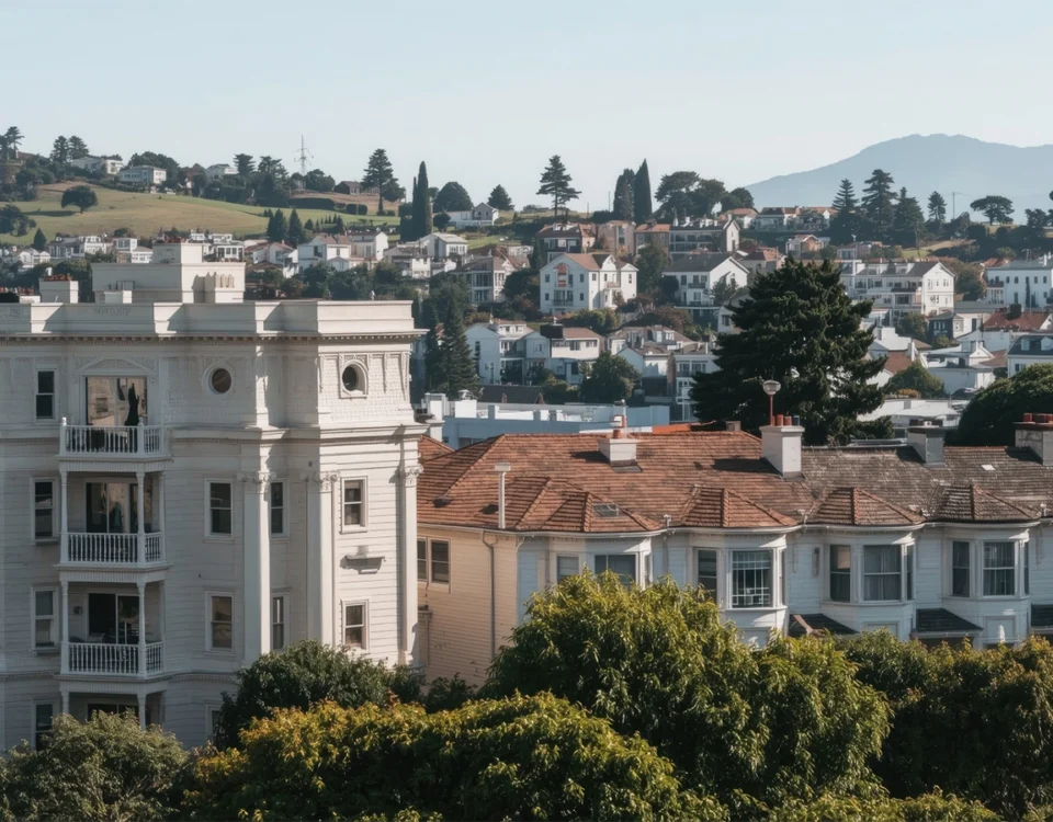 Hillside neighborhood of Victorian-style homes with tiled and shingled roofs, trees, and hills in the background